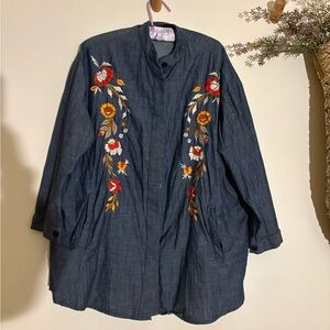 eShakti Blue Floral Embroidered Jean shacket- XL